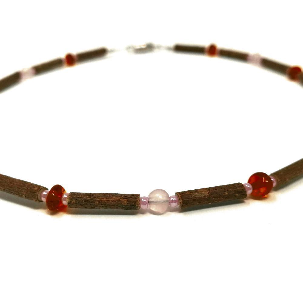 B34 | Hazel wood, Baltic amber & rose quartz