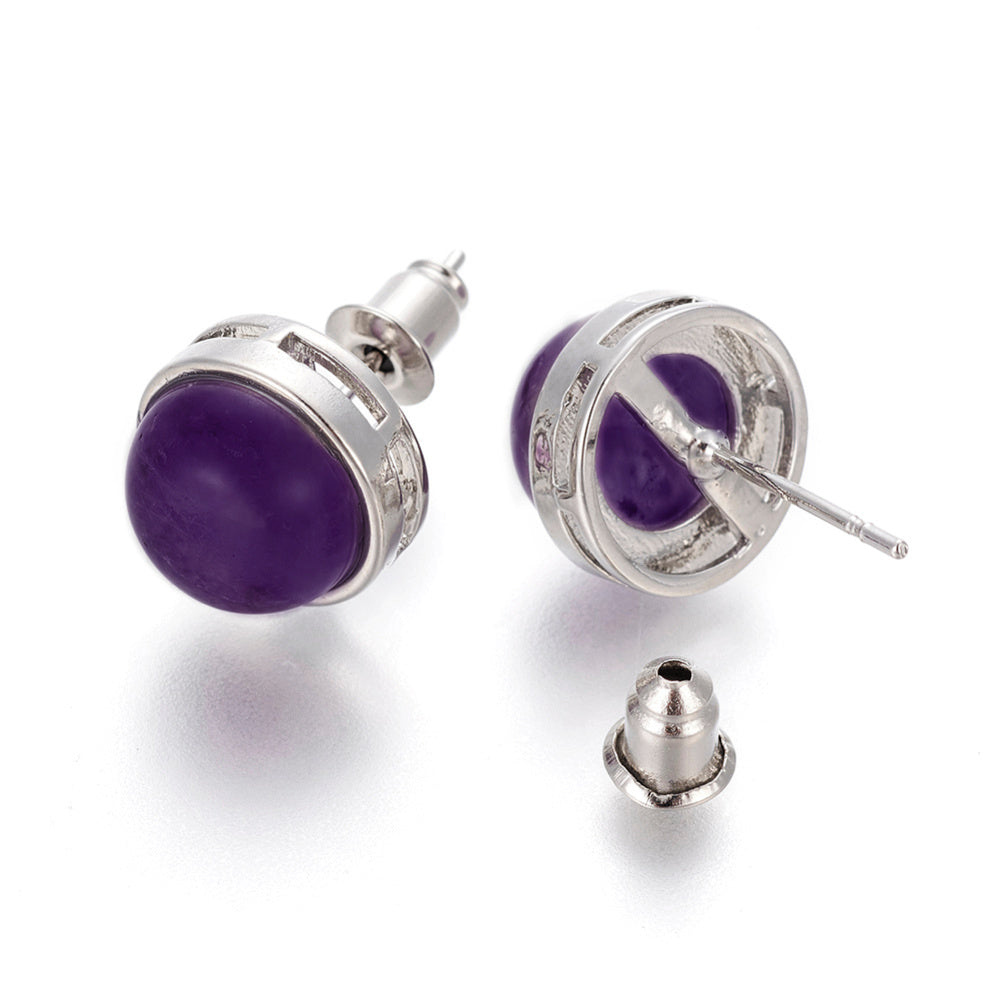 Natural Amethyst Half Round Stud Earrings