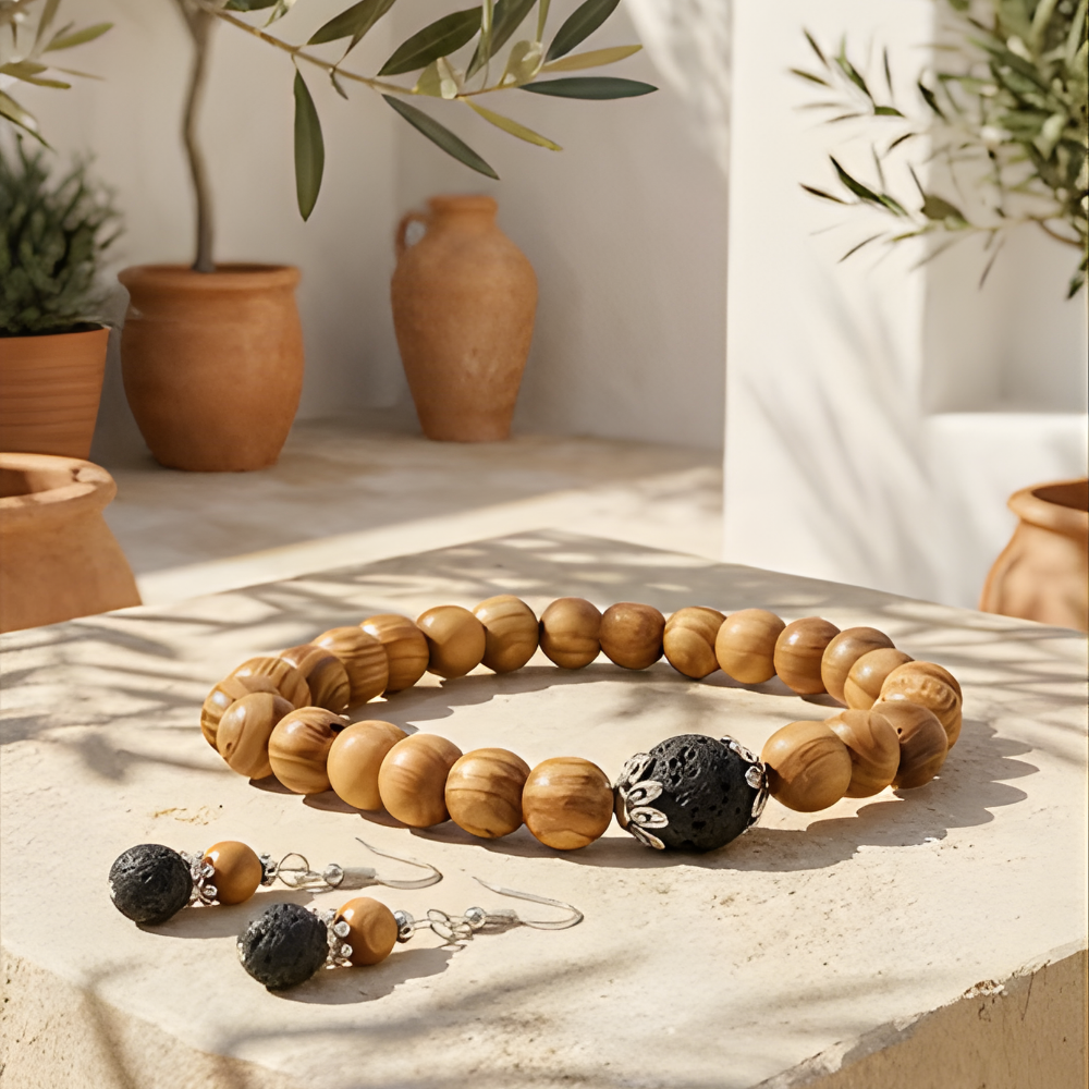 XX12 | Ensemble en pierre de lave et perles en bois