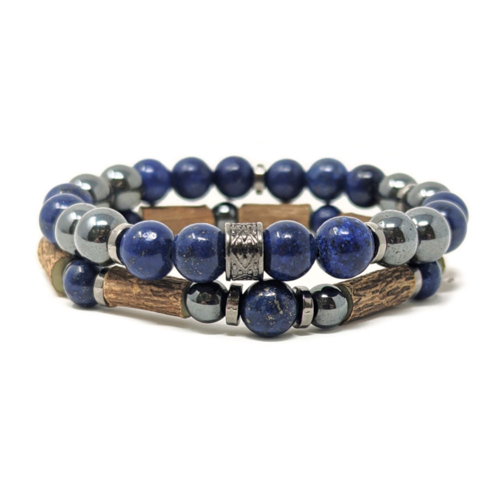 Bracelet Perles Hématite & Lapis-lazuli 7 Mm Avec Breloque Croix – Neuf Avec étiquettes