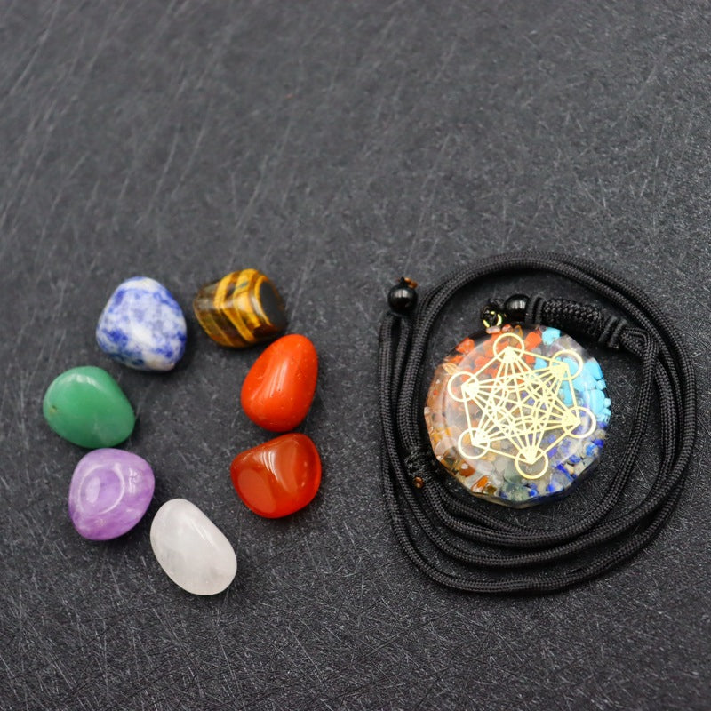 XX07 | 7 Chakras Tumbled Stones & Round Pendant Orgonite Necklace Set