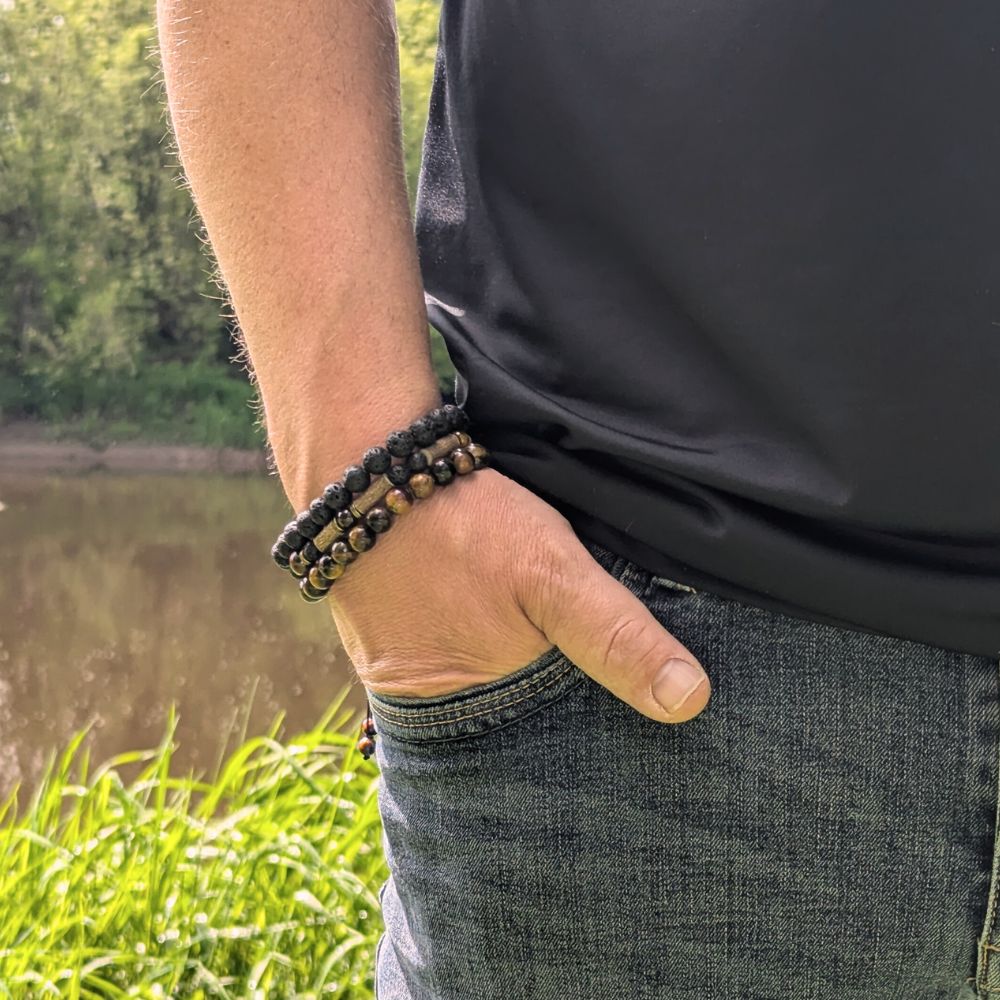 X36 | Trio de bracelets diffuseurs en oeil de tigre et pierre de lave