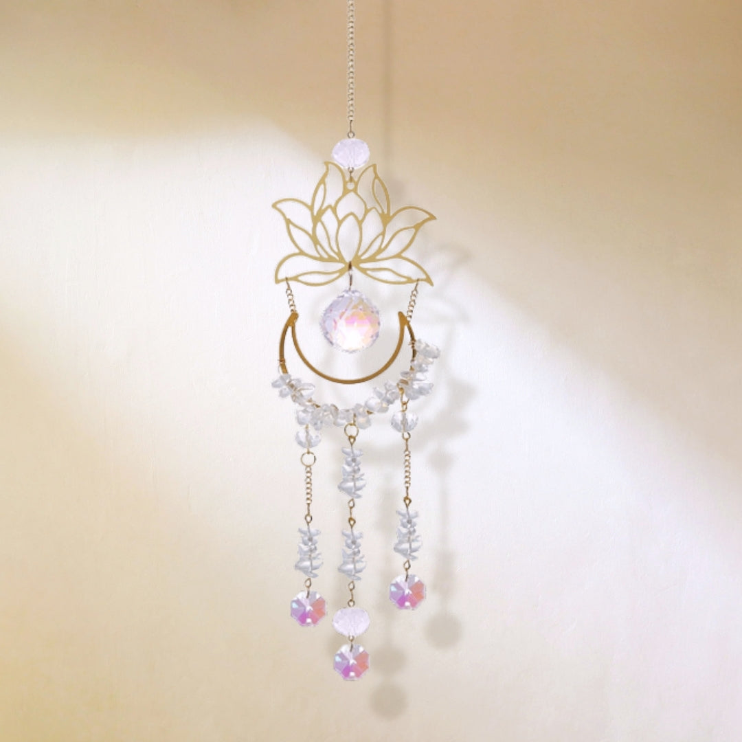 XX26 | Gold & Crystal Quartz Glass Lotus & Moon Suncatcher