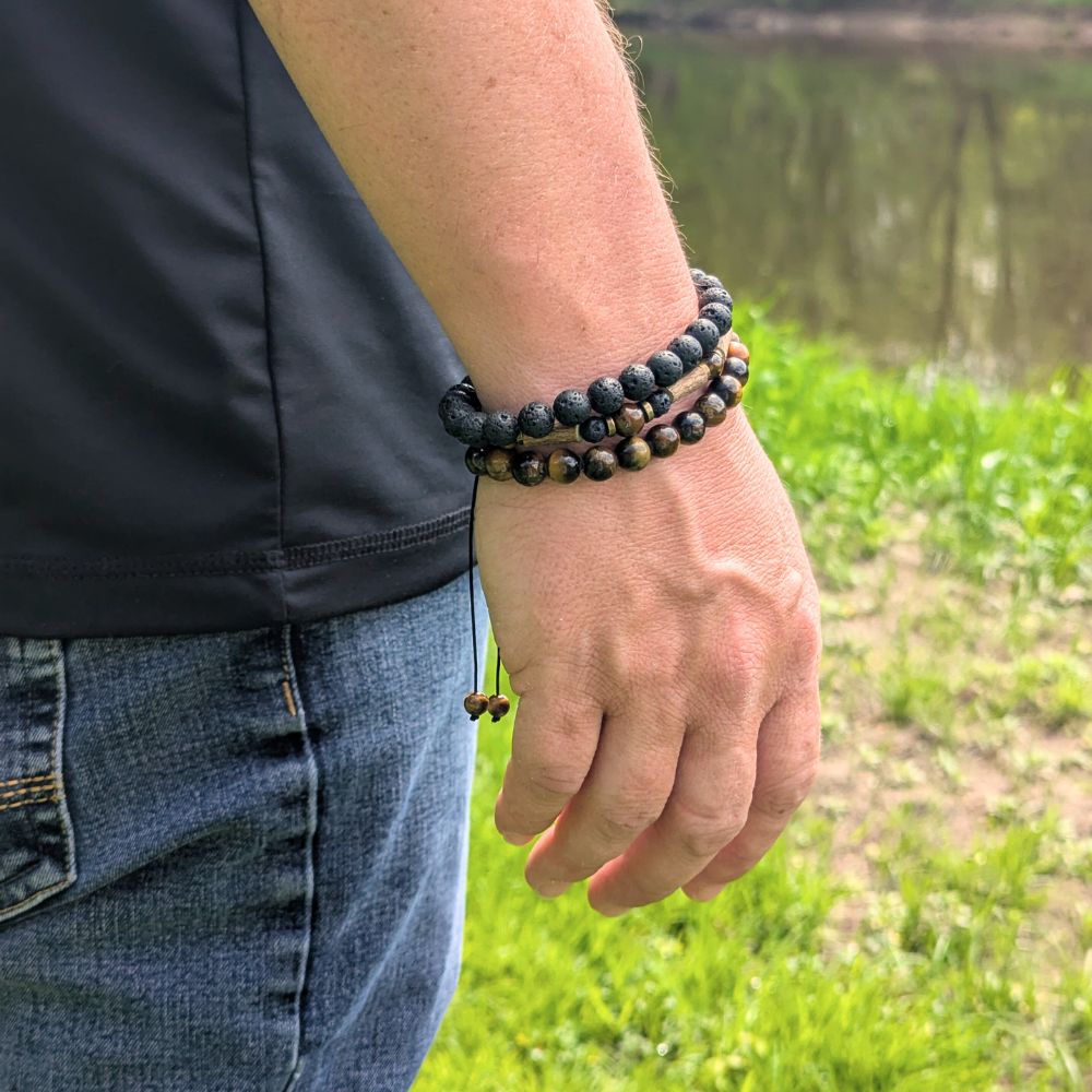 X36 | Trio de bracelets diffuseurs en oeil de tigre et pierre de lave