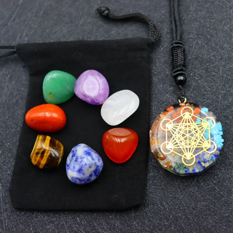 XX07 | 7 Chakras Tumbled Stones & Round Pendant Orgonite Necklace Set