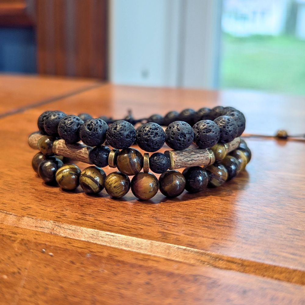 X36 | Trio de bracelets diffuseurs en oeil de tigre et pierre de lave