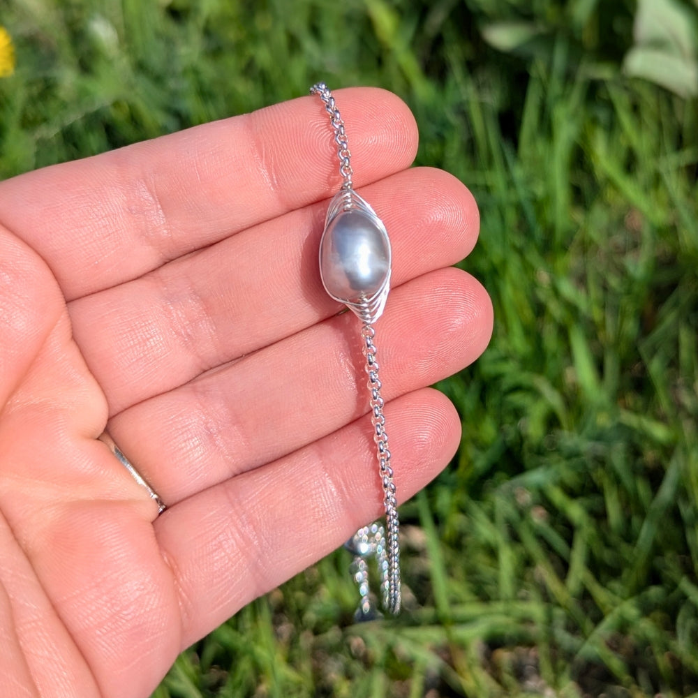 XX15 | Natural Grey Pearl Silver Slider Bracelet