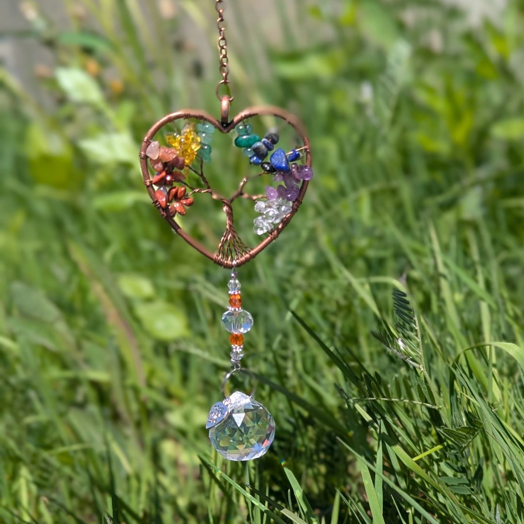 XX27 | Copper Rainbow & Clear Crystal Glass Chakras Heart Tree Of Life Suncatcher