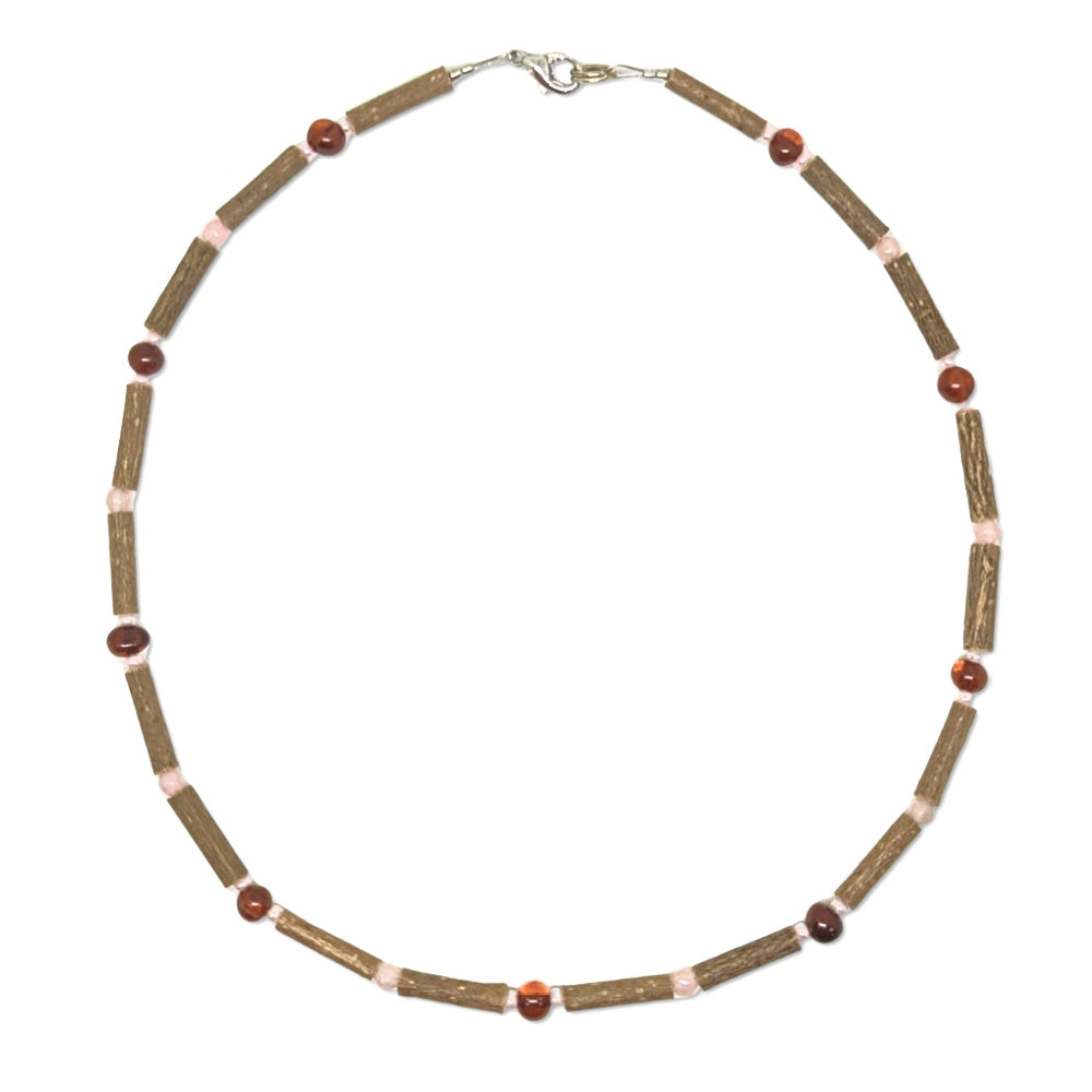 E34 | Bois de noisetier, ambre de la Baltique et quartz rose