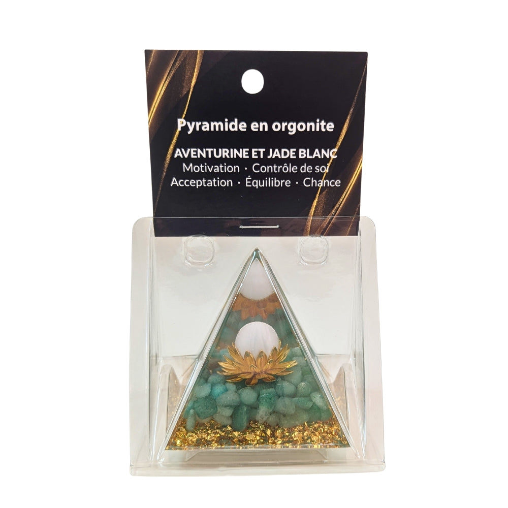 P07 | Pyramide en orgonite, aventurine et jade blanc