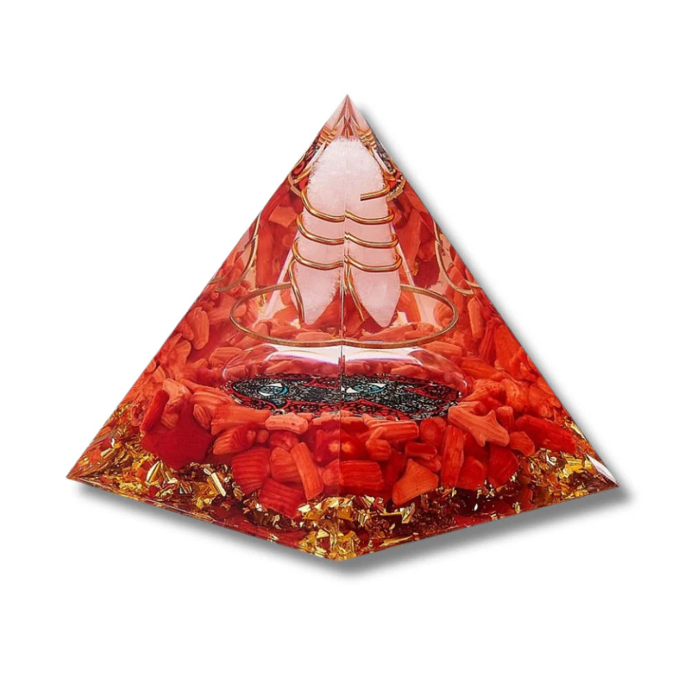 P14-1| Red Coral & Quartz Orgonite Pyramid