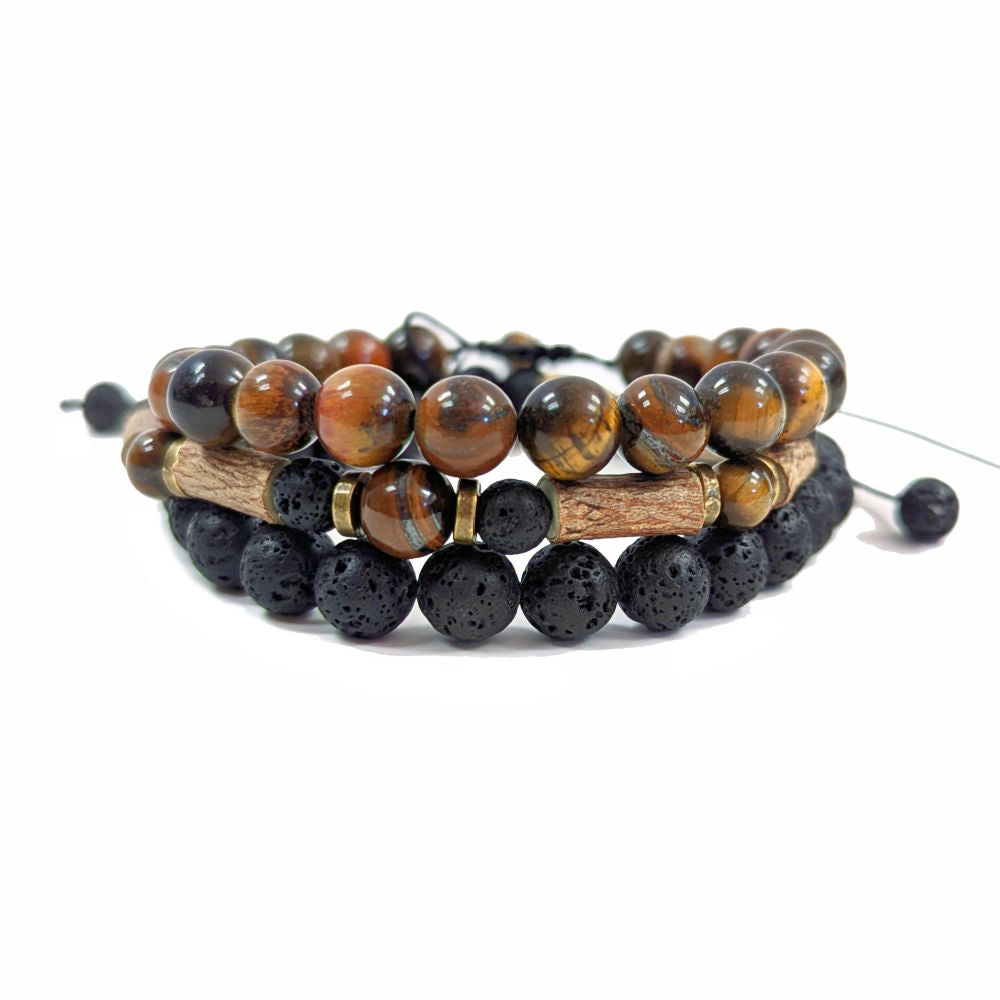 X36 | Trio de bracelets diffuseurs en oeil de tigre et pierre de lave