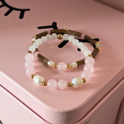 X44 | Rose & White Quartz & Freshwater Pearls Bracelets