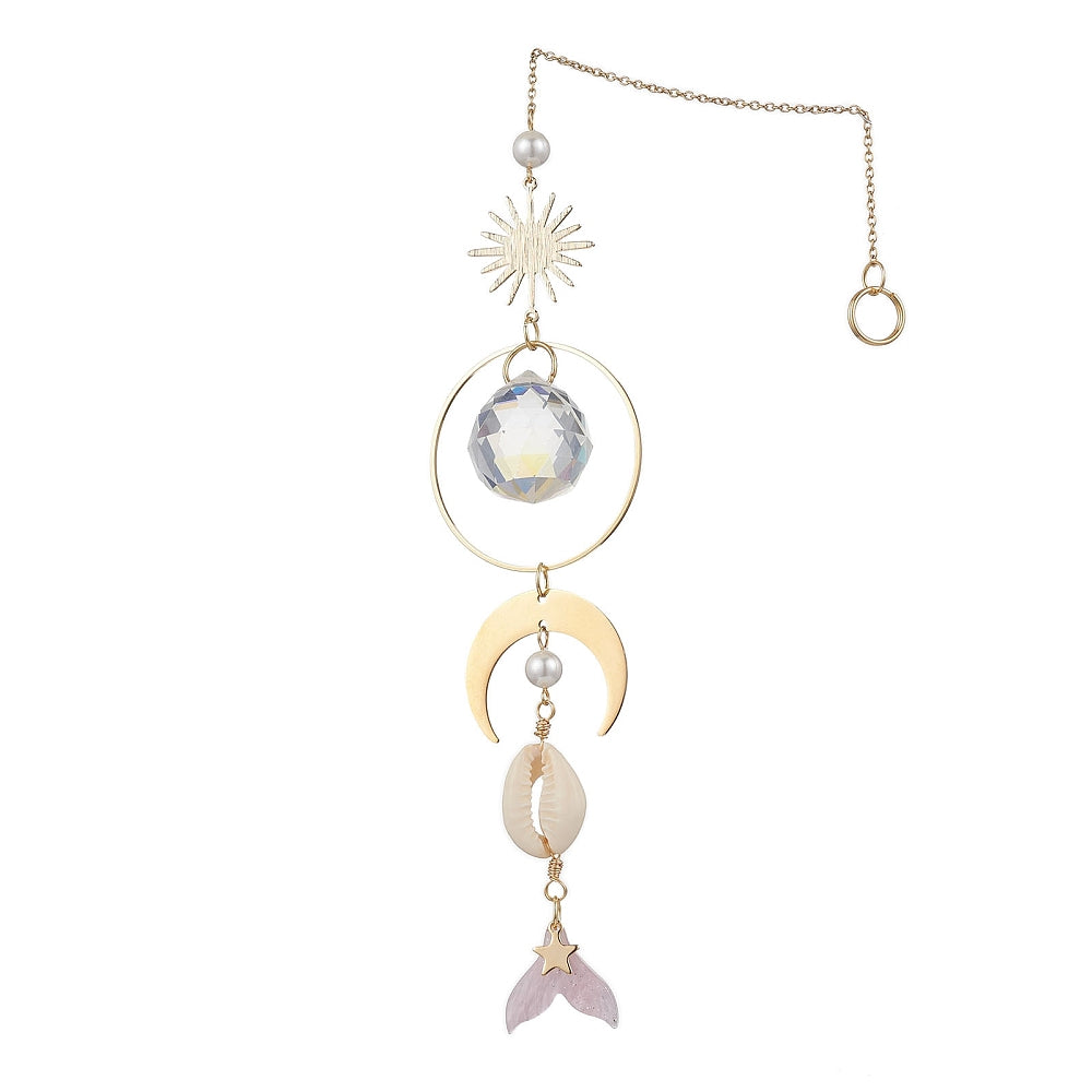 Crystal Fishtail With Moon, Sun & Cowrie Shell Suncatcher
