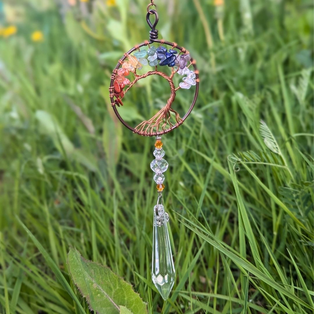 XX29 | Capteur de soleil lune cuivre avec pendentif de verre cristal et arbre de vie chakras