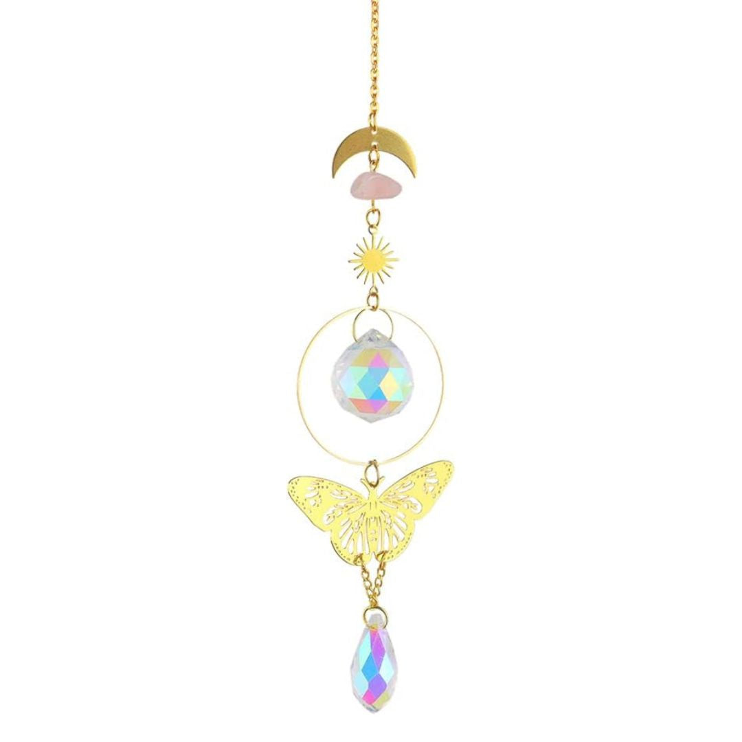 XX30 | Capteur de soleil avec papillon doré, quartz rose et verre irisé