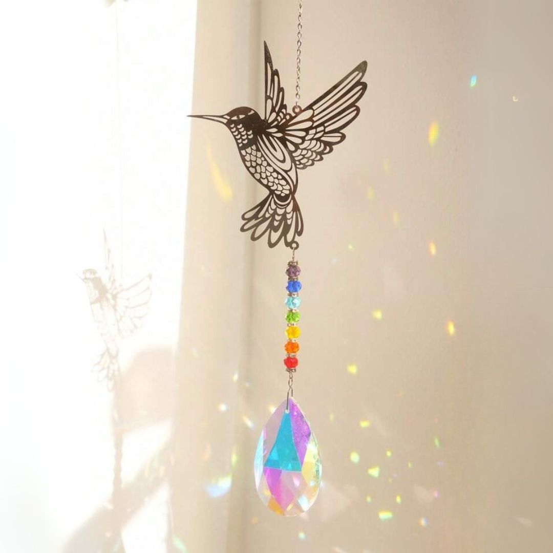 XX31 | Capteur de soleil avec colibri argenté et goutte de verre cristal irisé