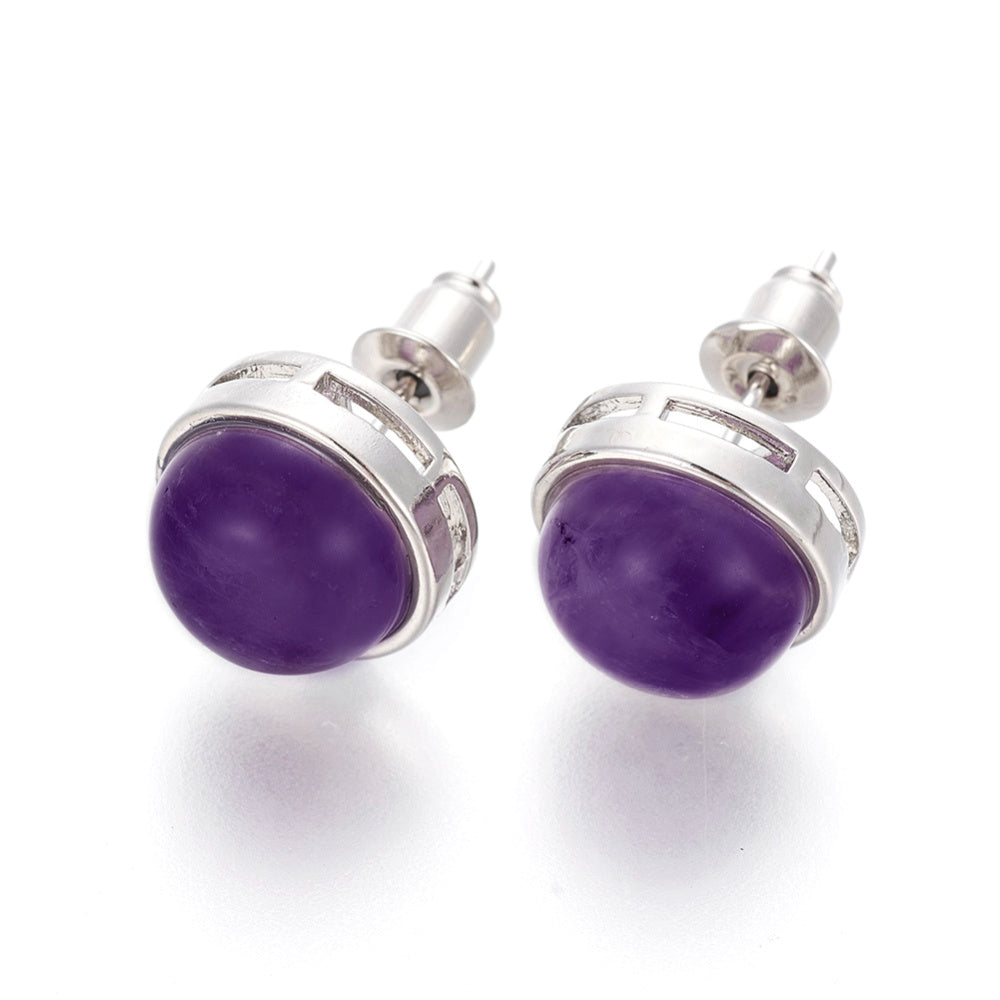 Natural Amethyst Half Round Stud Earrings