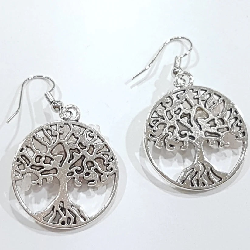 R10 | Natural rose quartz tree of life hook pendant earrings