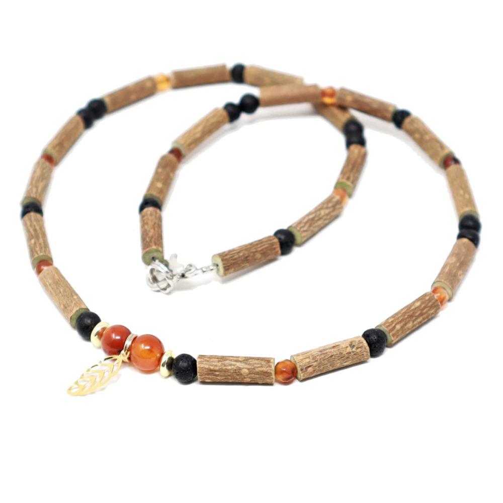 Fire Agate Diffuser With Golden Leaf Adult Necklace